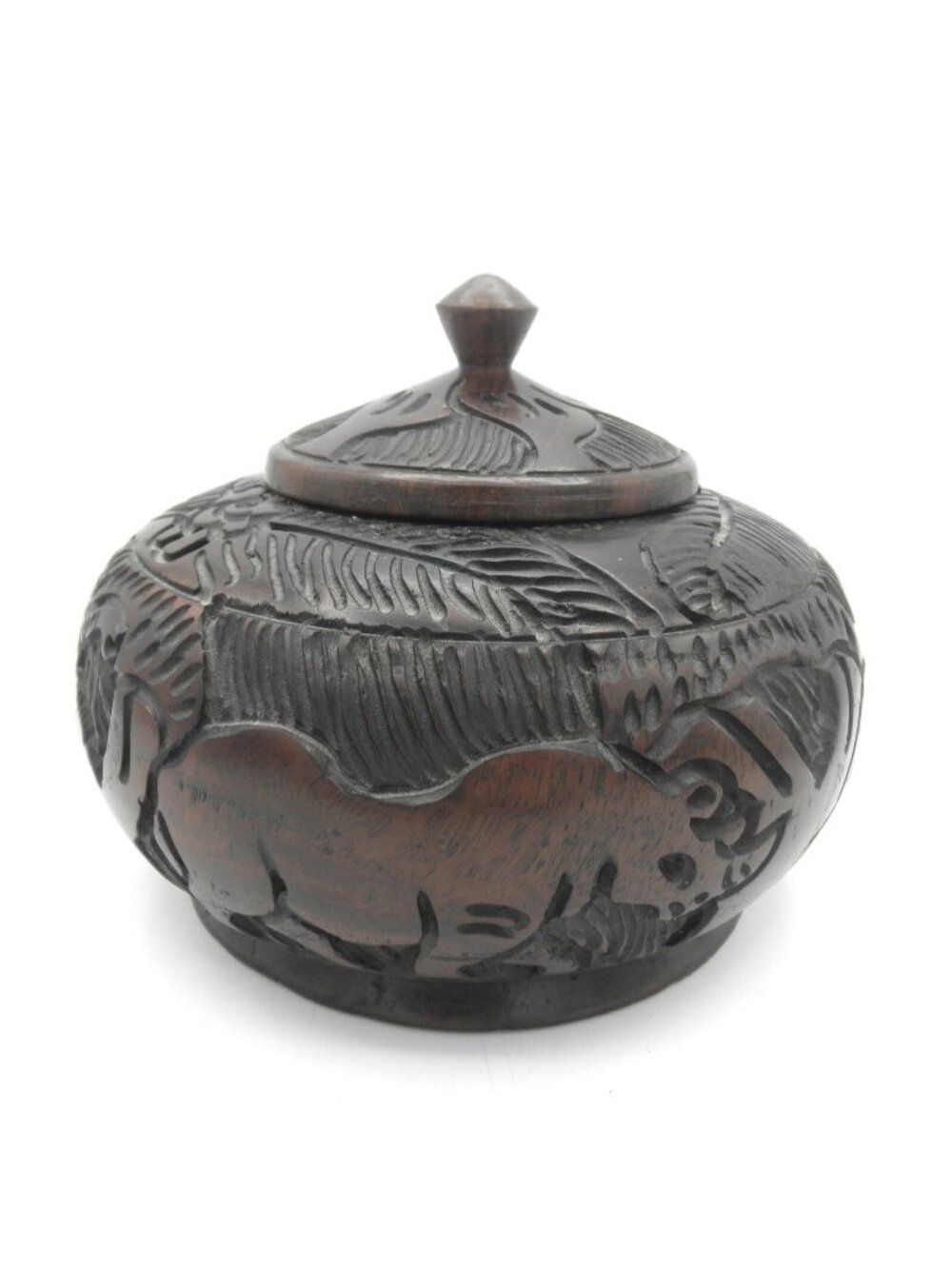Hand Carved/Turned Round Trinket Box Safari Animals Ebony Wood Stunning!